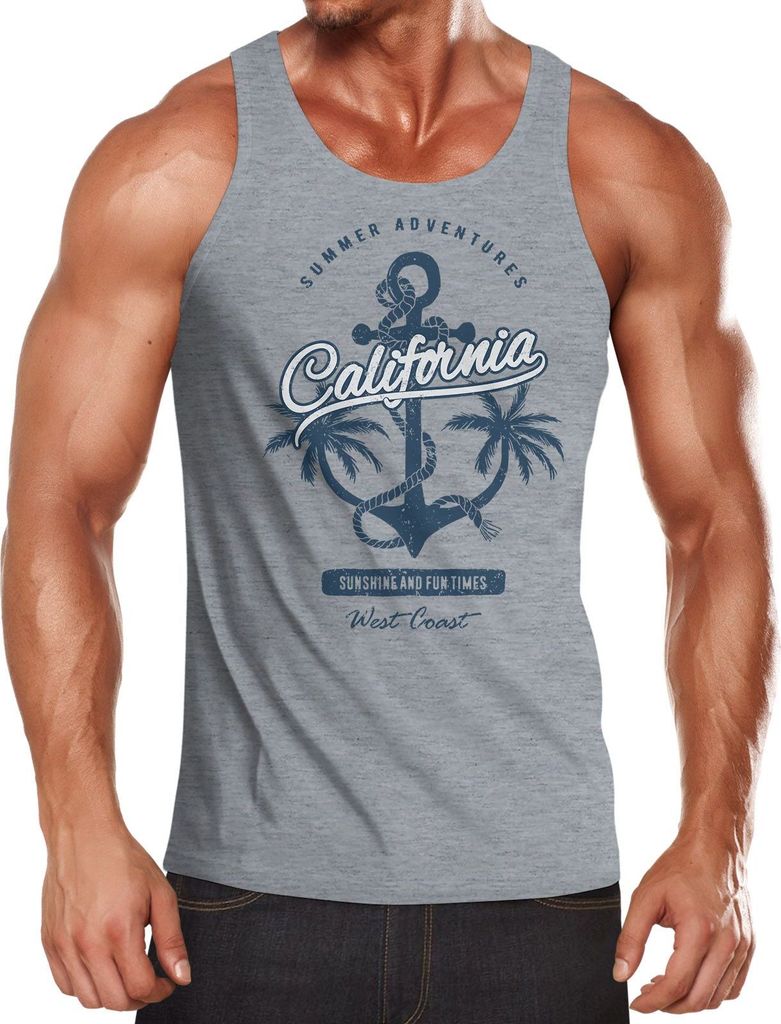 Herren Tank-Top Anker Palmen Anchor Palms Muskelshirt Muscle Shirt Slim Fit Baumwolle Neverless grau S