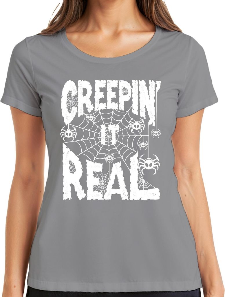 Creepin It Real Halloween Spinnen Spinnennetz Gruselig Lustig Damen T-Shirt, Grau, 3XL