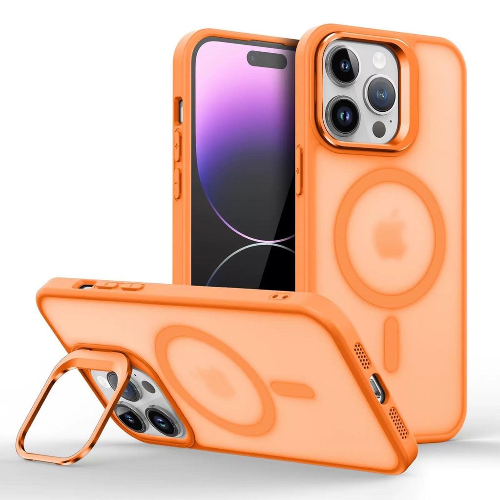 MagSafe Handyhülle mit ausklappbarem Ständer für iPhone 16 Promax– Stoßfeste Schutzhülle, Mattes Design - Orange