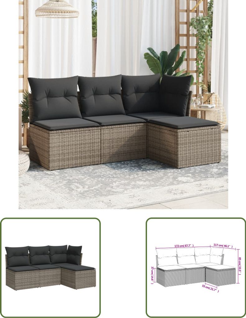 The Living Store 4-tlg. Garten-Sofagarnitur mit Kissen Grau Poly Rattan