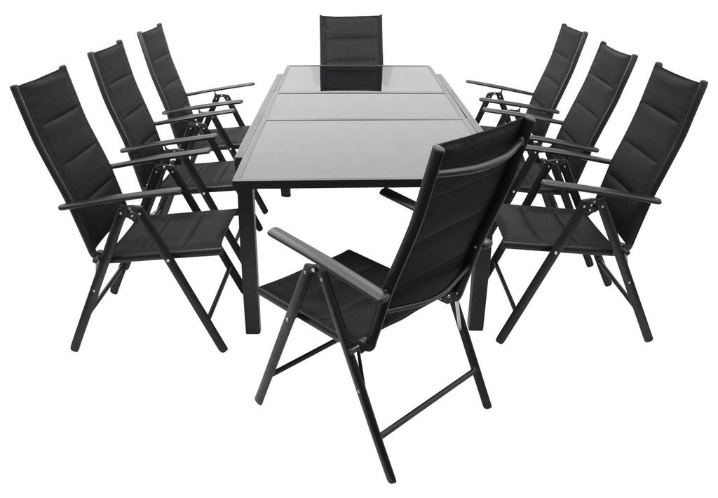 Garnitur Sitzgruppe 9-teilig, Aluminium, Kunstgewebe schwarz, Glasplatte