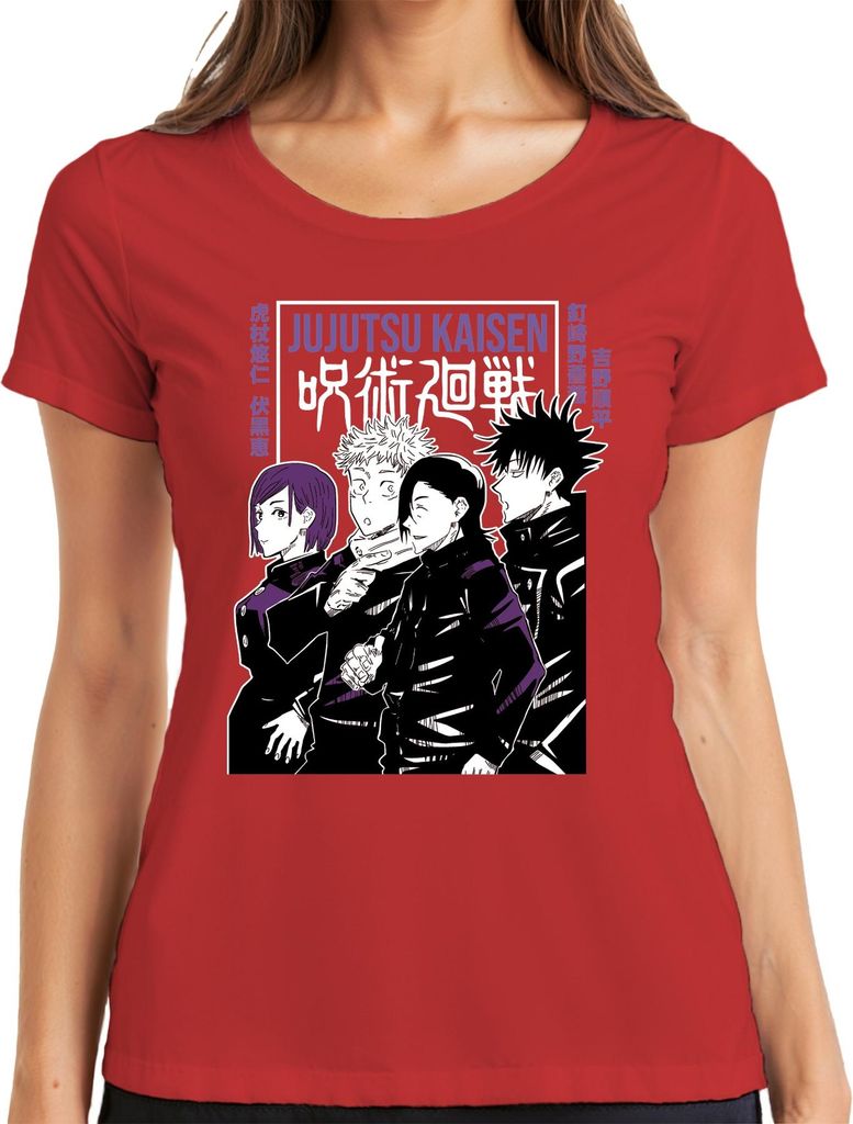 Jujutsu Kaisen Manga Anime Ästhetik Charaktere Schwarz Lila Retro Damen T-Shirt, Rot, M
