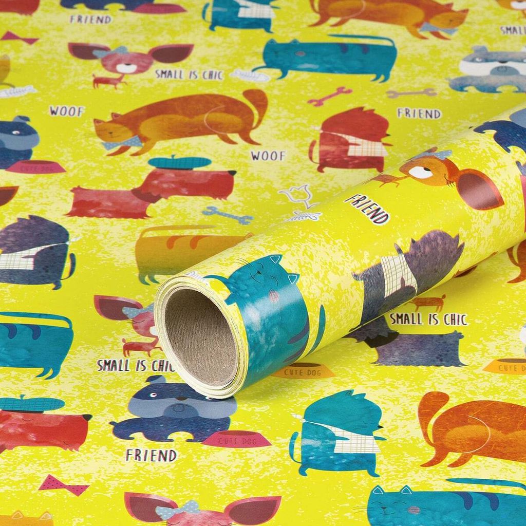 Geschenkpapier Hunde & Katzen, Gelb, 0,70 x 10 m - Geburtstagspapier für Kinder