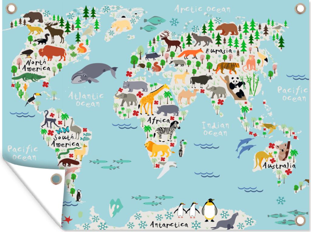 MuchoWow 80x60 cm Outdoor-Poster Gartendeko Sichtschutz Garten Poster für den Garten Weltkarte - Kinder - Tiere - Blau - Orca - Wal