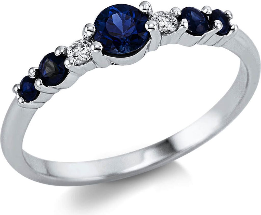 Ring aus 750 Weißgold 5 Saphire 0,37ct blau 2 Brillanten 0,05ct TW-SI H:3,8mm Innenumfang 53mm Ø16.9mm