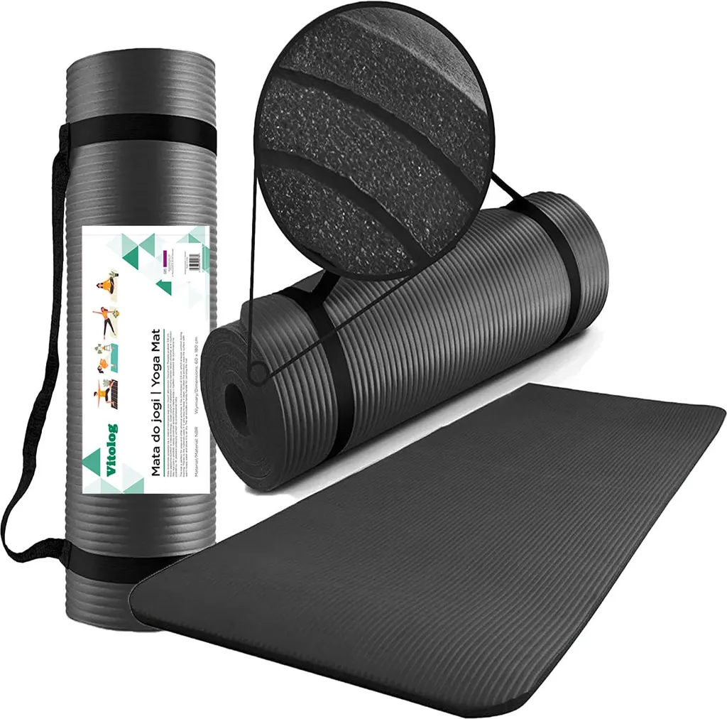 Tapis d'Exercice Antidérapant 180x60 cm en NBR Noir avec Sangle Pratique