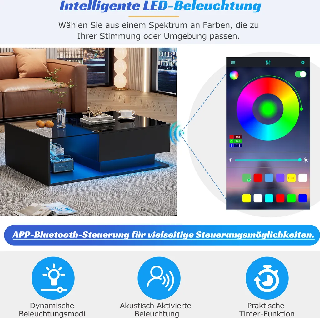 Table de salon design noire 100cm avec éclairage LED connecté par APP - 5
