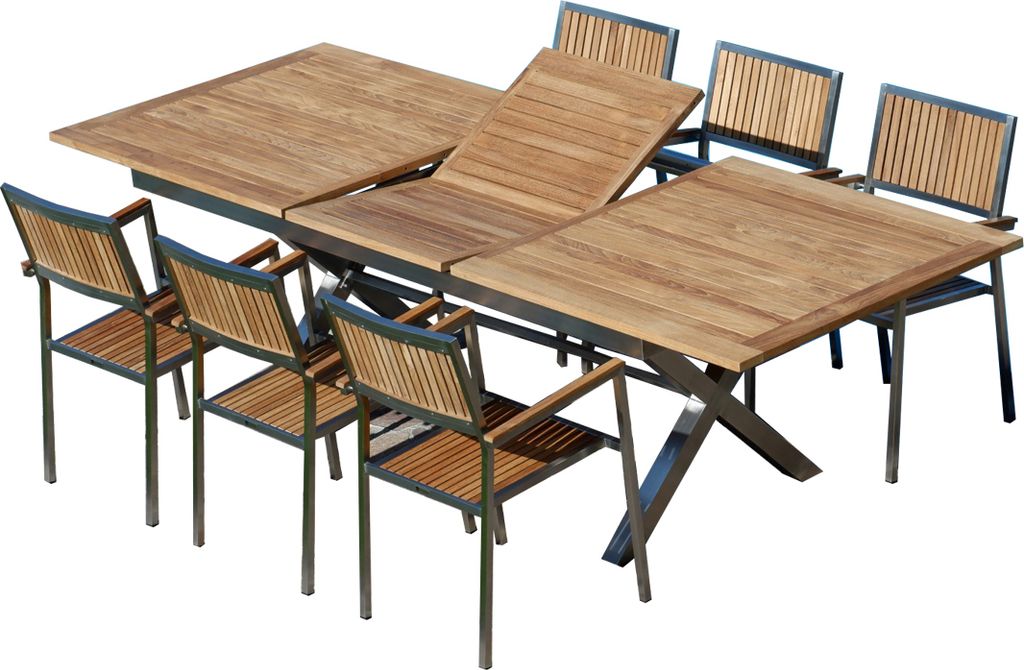 ALEOS. Gartengarnitur Edelstahl Teak Set: Ausziehtisch 200-260x100 cm + 6 stapelbare Sessel Edelstahl Teak A-Grade Holz Sitzgruppe - Gartenmöbel S...