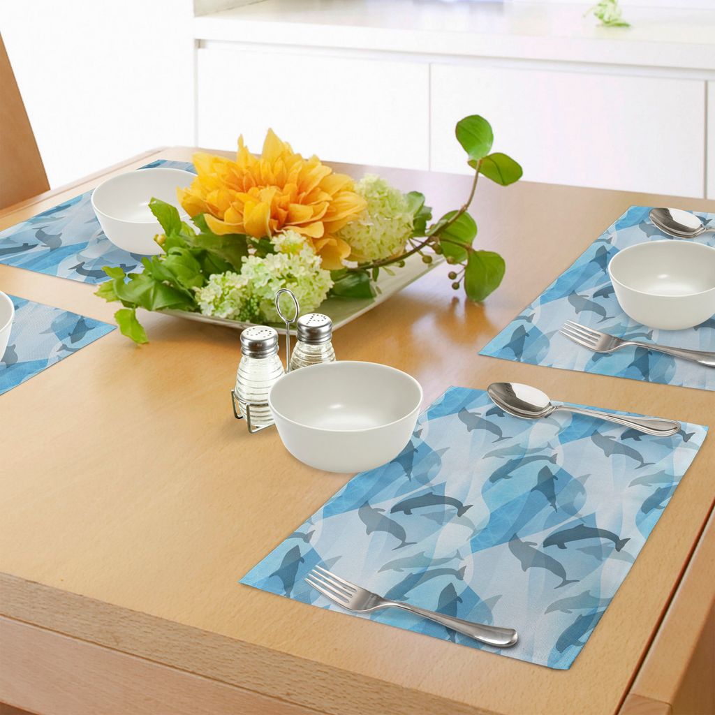 ABAKUHAUS Meerestiere Platzmatten, Delphin-Fisch-Muster-Schattenbild unter den Meereswellen im zeitgenössischen Design, Tiscjdeco aus Farbfesten S...