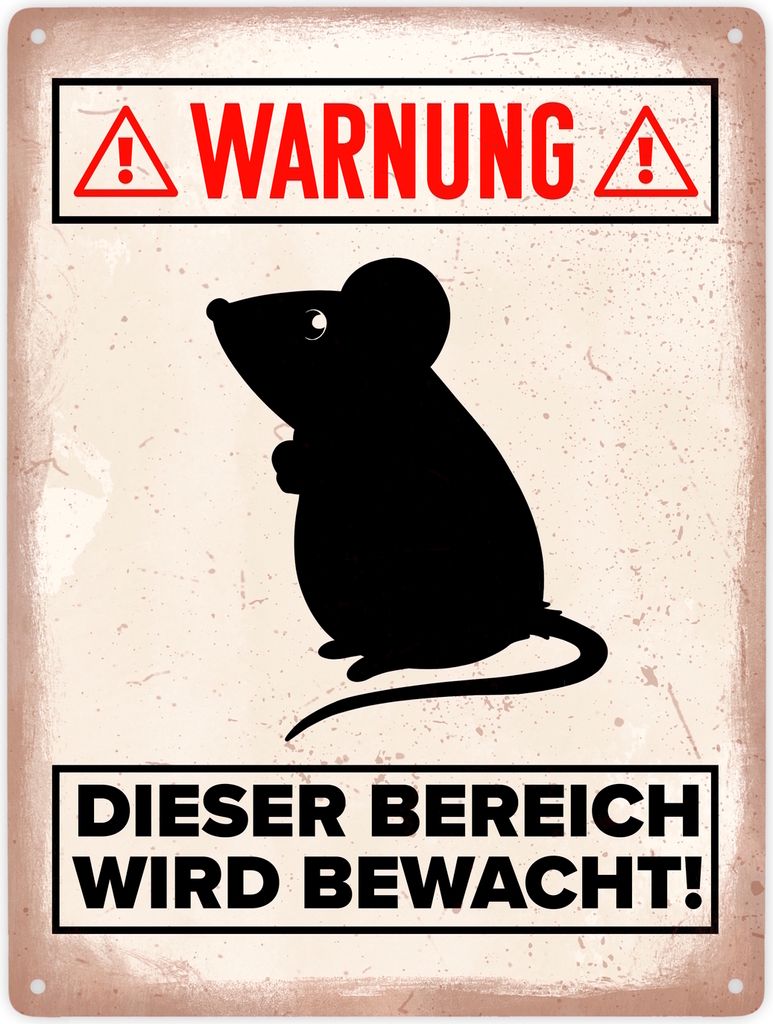 Warnung Bereich wird bewacht Metallschild XXL in 28x38 cm mit Maus Silhouette