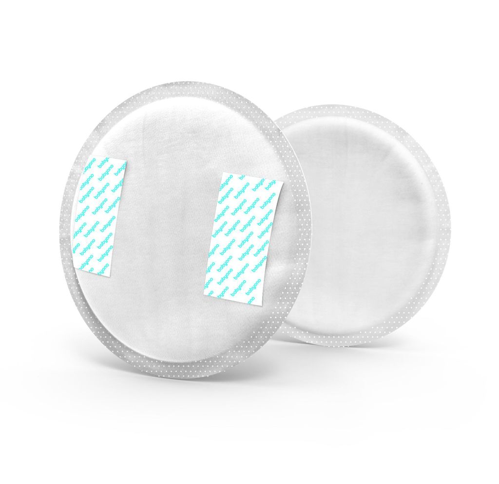 Two round, white breast pads are shown against a white background. The front pad has two light blue strips with a repeating pattern of diagonal lines.