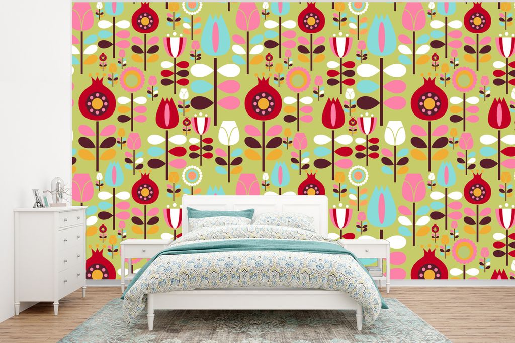MuchoWow Fototapete für Wohnzimmer oder Schlafzimmer Wandtapete Vinyl Motivtapete Muster - Blumen - Farben - 320x240 cm - Tapeten