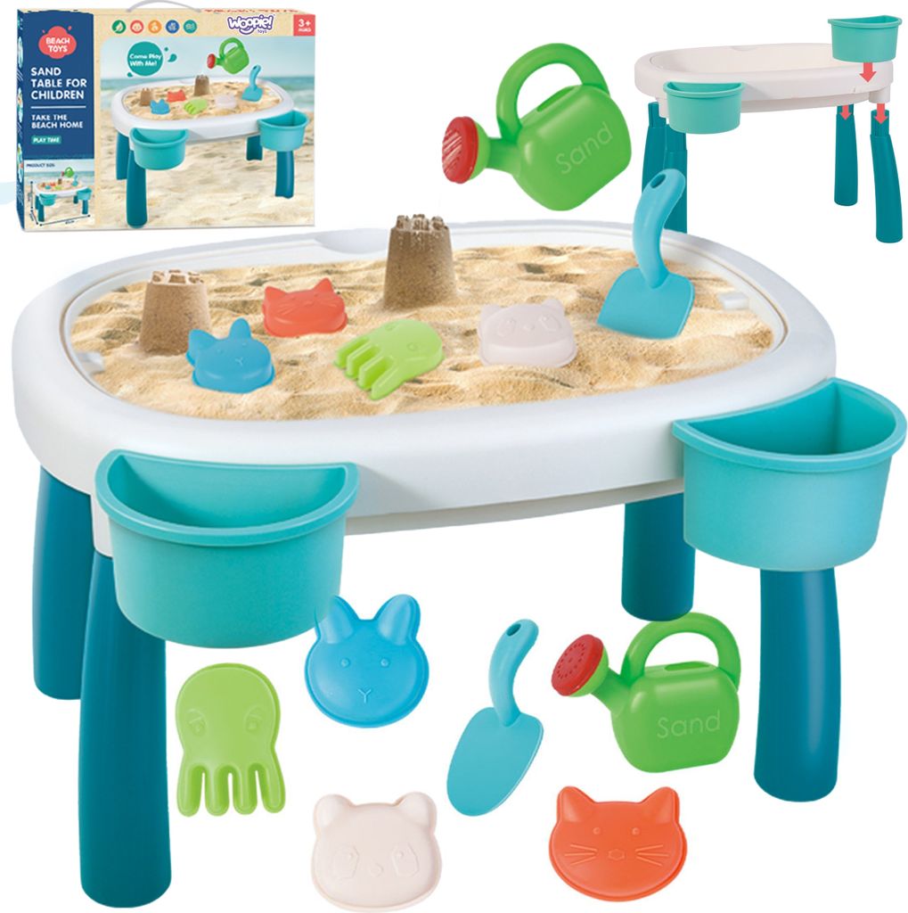 A sand and water table for children with various accessories, shown on a white background.