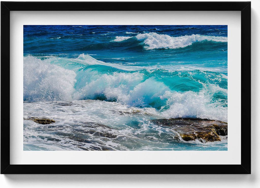 Meeresblaue Wasserwellen– Wandbild mit Rahmen – Gerahmtes Bild – Wanddekoration – 60x40 cm – Schwarz Rahmen