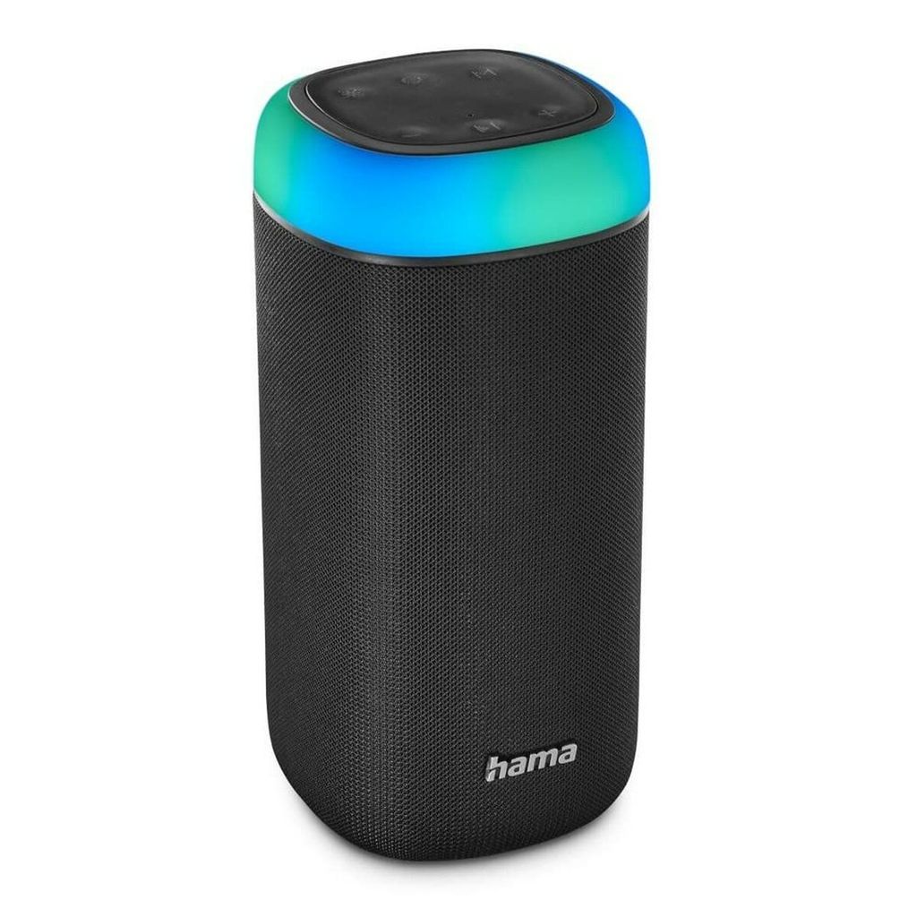 A black cylindrical Bluetooth speaker with a colorful LED light ring around the top, set against a white background.