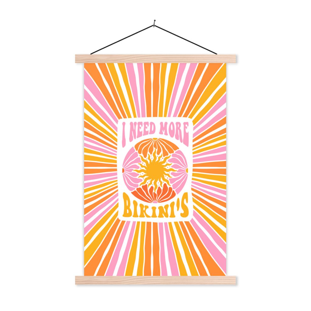 MuchoWow Textilposter Zitate - Ich brauche mehr Bikinis - Rosa - Gelb - Orange 120x180 cm mit holzfarbenen Rahmen - Textil-Plakat