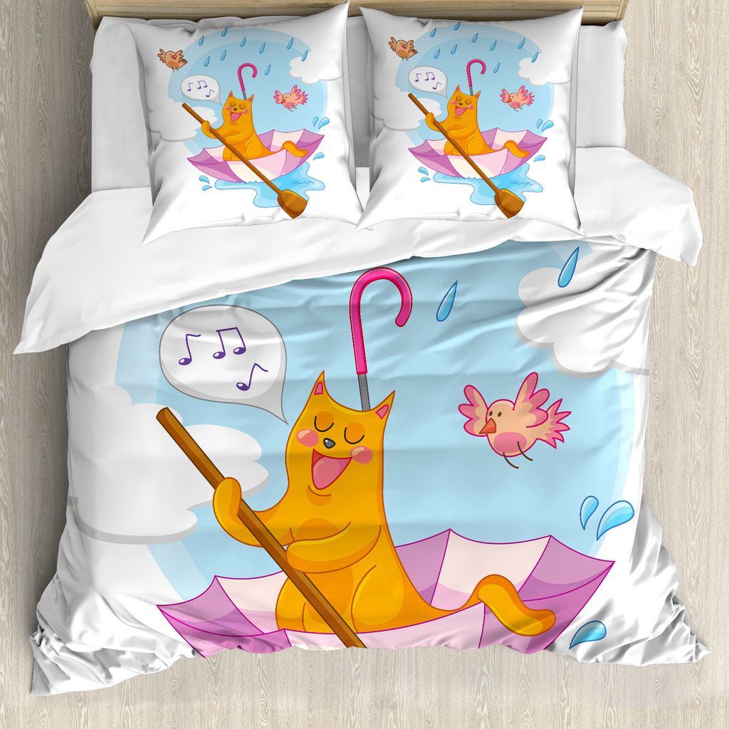 ABAKUHAUS Kätzchen Bettbezug, Cartoon-Tier-Kind-Vögel, Milbensicher Allergiker geeignet mit Kissenbezügen, 155 cm x 220 cm - 80 x 80 cm, Mehrfarbig