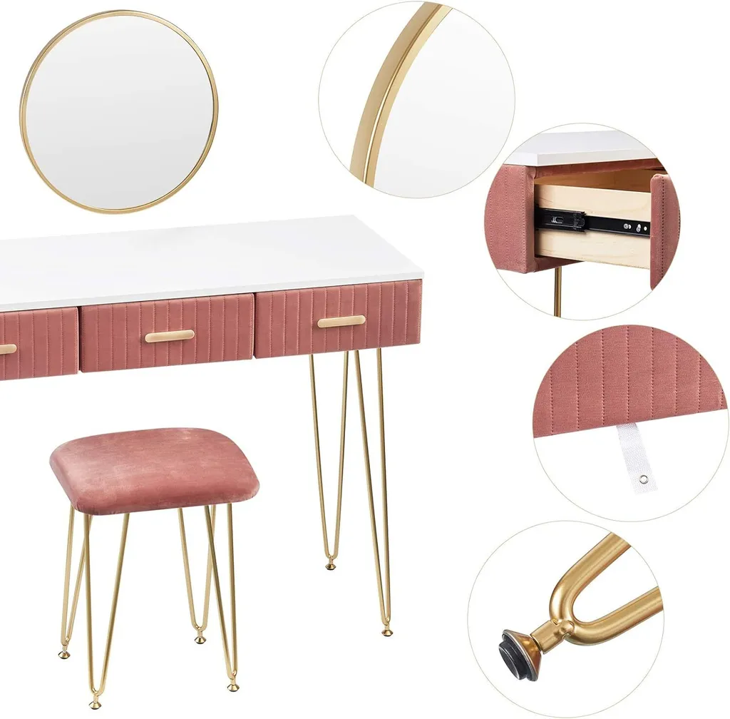 Table de Maquillage avec Miroir et Tiroirs - Meuble Coiffeuse Rose