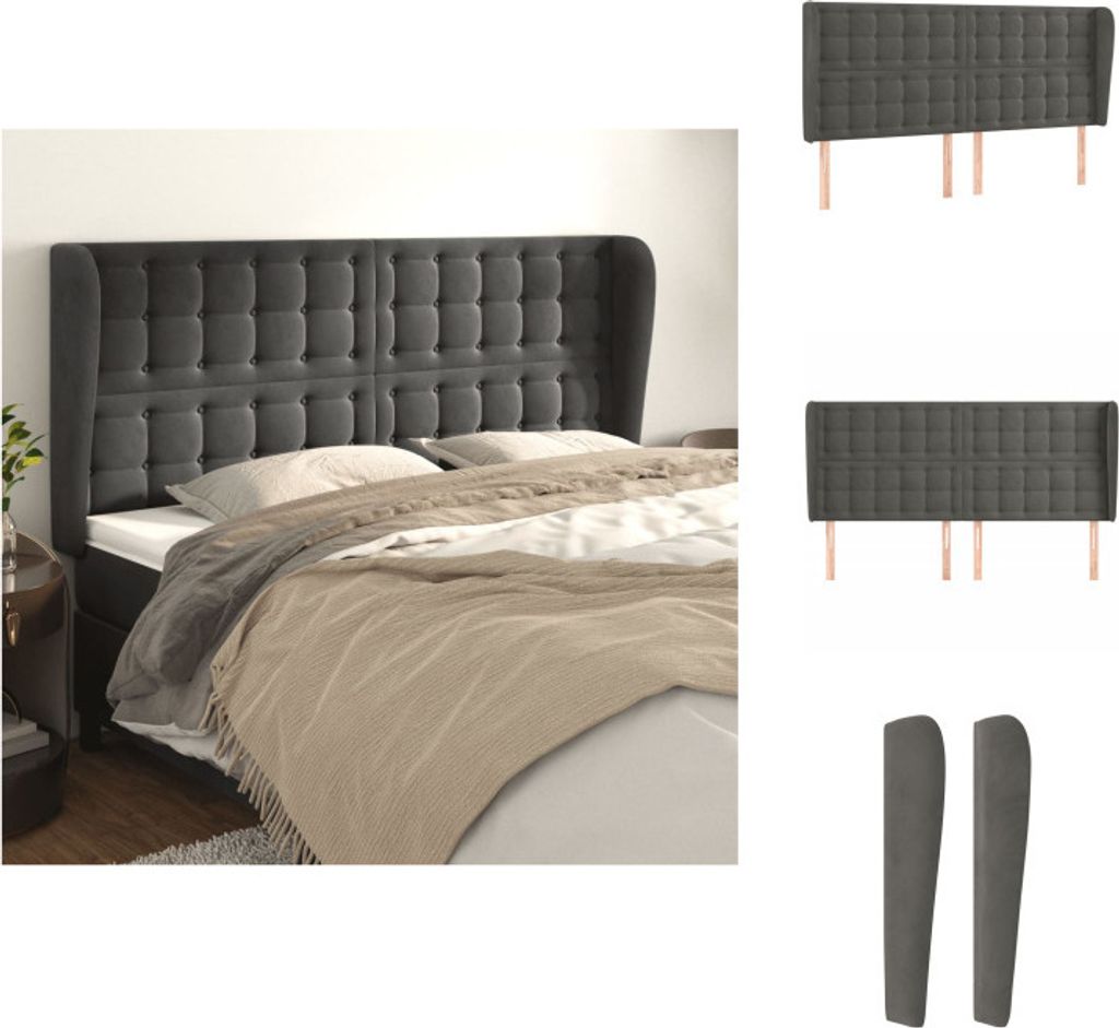 vidaXL Kopfteil mit Ohren Dunkelgrau 183x23x118/128 cm Samt - Kopf- & Fußenden
