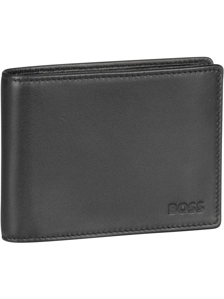 A black leather BOSS wallet is shown against a white background.