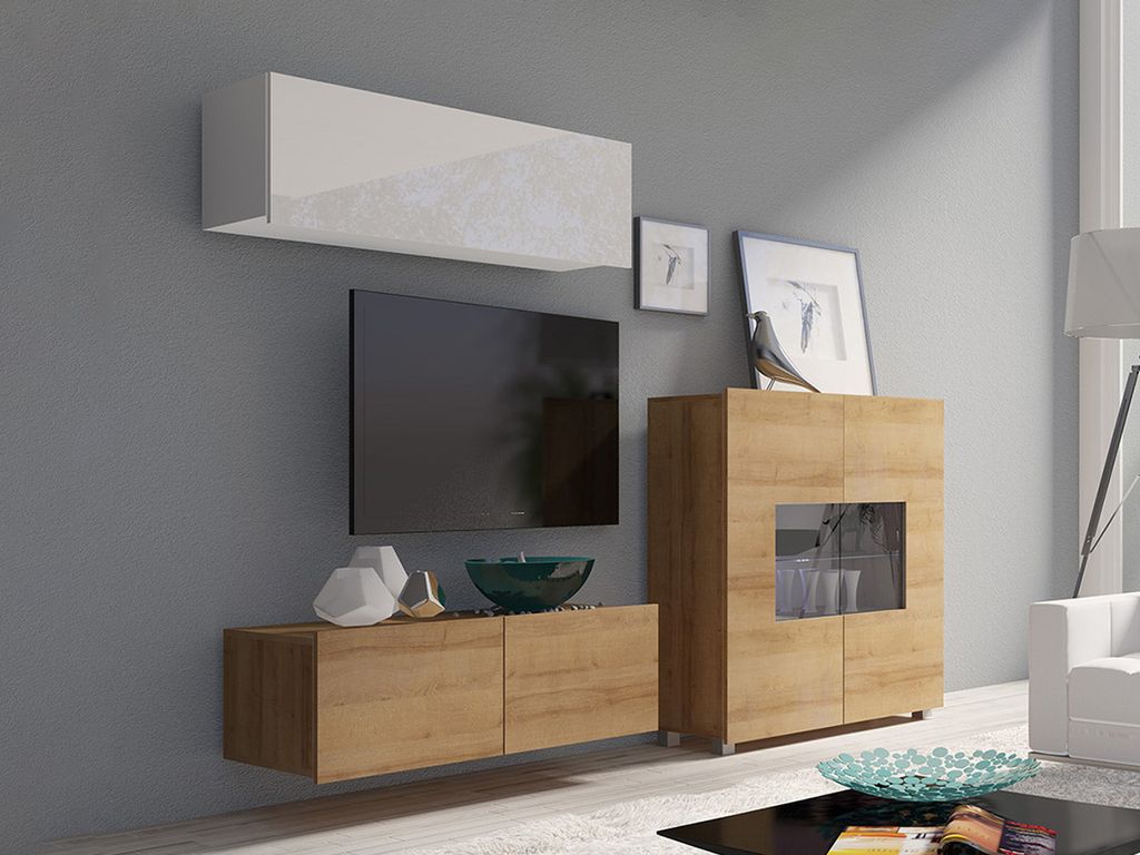 Wohnzimmer-Set CALABRINI-9 Wohnwand Hängewohnwand Schrankwand mit LED-Beleuchtung TV-Schrank Kommode Moderne Anbauwand Hochglanz (Weiß / Goldene ...