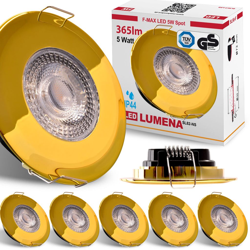 6x LED Bad Einbaustrahler Ultra Flach 5 Watt Gold 230V Rund warmweiß IP44 Deckenstrahler Spot Deckenspot Lumena SL82-NS