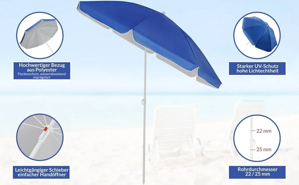 Parasol de plage bleu 180 cm - Protection UV et inclinaison réglable