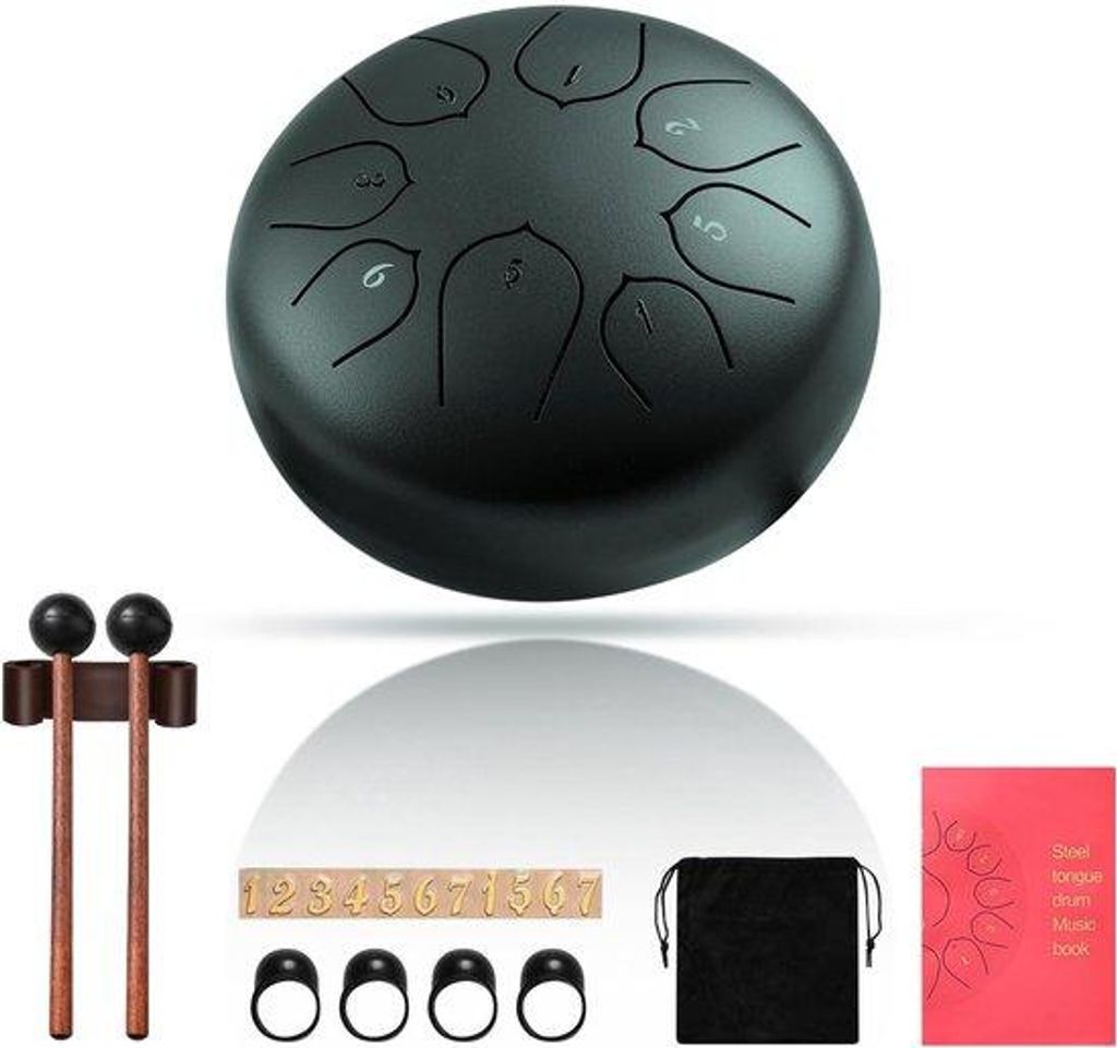 Steel Tongue Drum 15cm 8 Töne C-Dur Stahlzungentrommel mit Schlegeln Tasche & Liederbuch, Handpan Musikinstrument für Meditation Yoga Dunkelgrün
