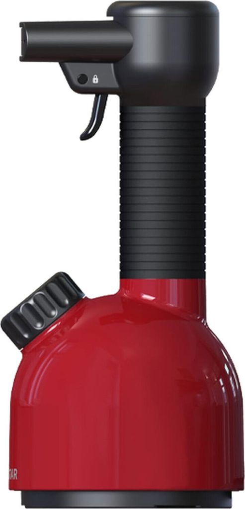 A red and black steam cleaner is shown in a studio shot on a white background.