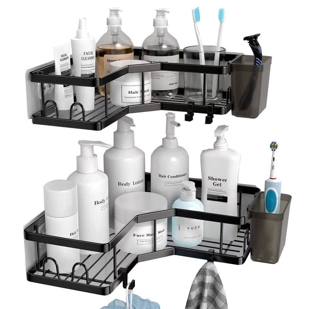 2 Stück Duschablage Ohne Bohren Schwarz Eckregal, Duschregal Schwarz Ecke Badezimmer Organizer mit 4 Haken, Shower Shelf Dusche Zubehör