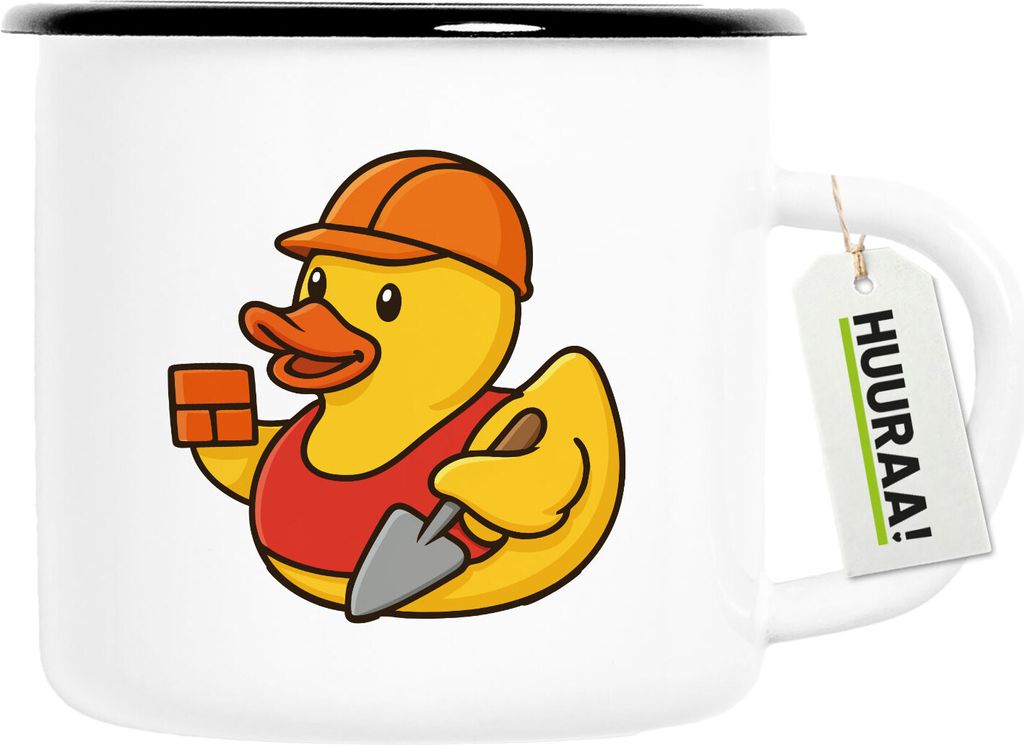 Huuraa Emaille Tasse Quietscheente Maurer Gummiente Bauarbeiter 300ml Vintage Campingbecher Geschenkidee