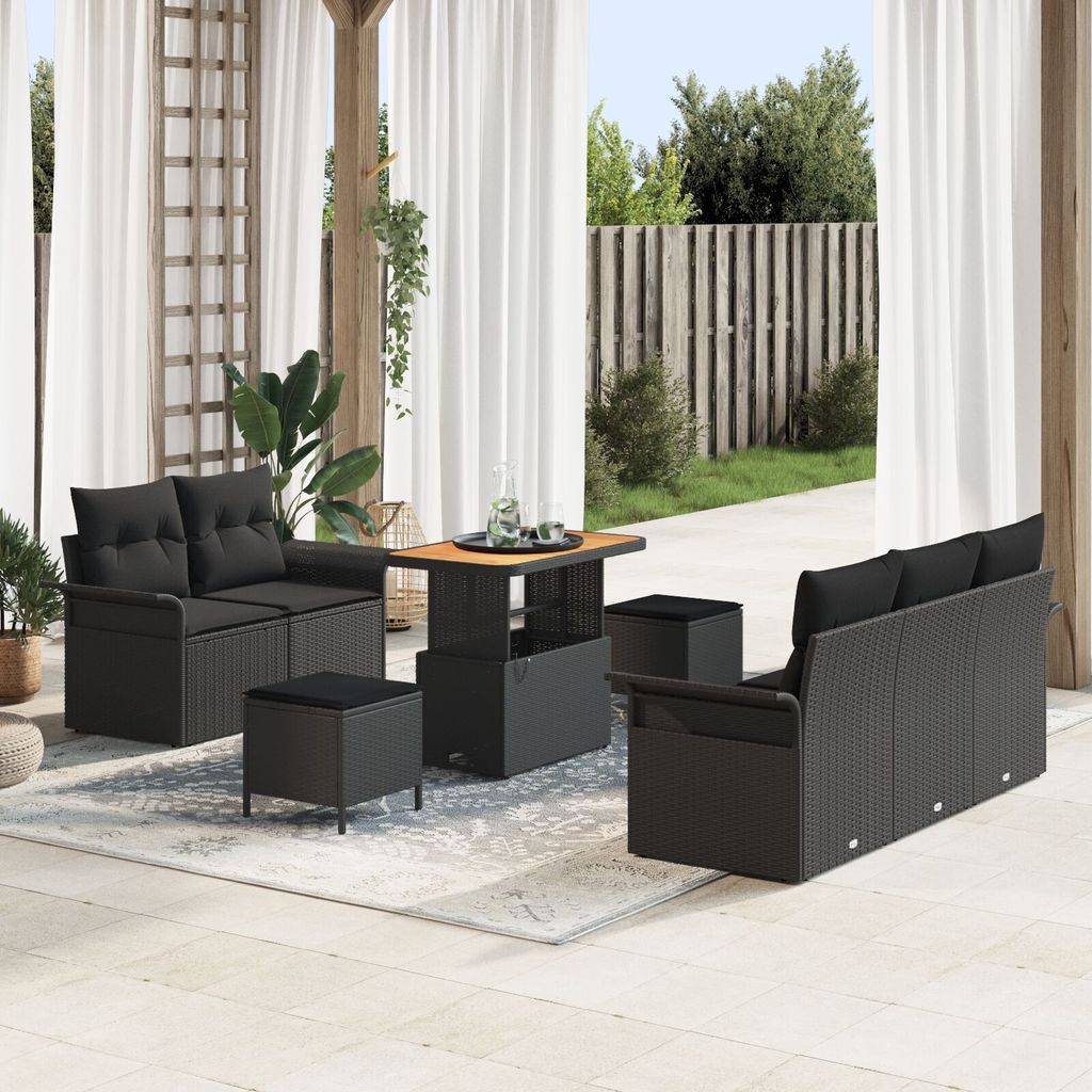 Möbel 8-teiliges Garten Sofa Set mit Kissen Schwarz Poly Rattan Akazie, 2-Sitzer Garten Sofa mit Kissen Schwarz Poly Rattan, 3-teiliges Garten Ess...