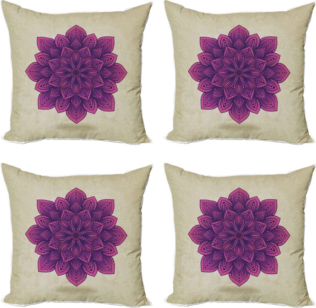 ABAKUHAUS Lotus Kissenbezug Set (4 Stück), Lila Retro-Motiv, Moderner Doppelseitiger Digitaldruck, 40 cm x 40 cm, Eischale Fuchsia