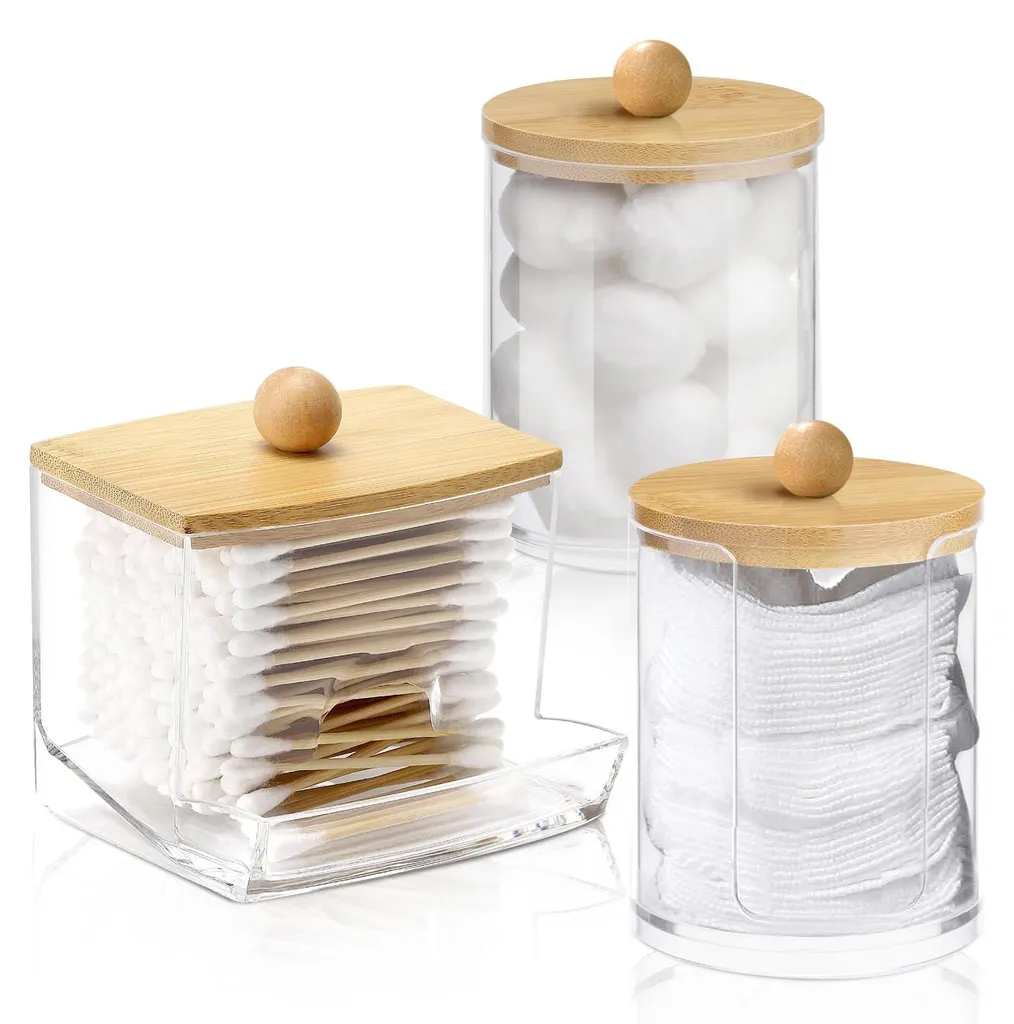 Lot de 3 porte-coton-tiges en acrylique transparent et couvercle bambou