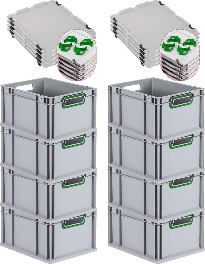 SuperSparSet 8x Eurobox NextGen Color mit Auflagedeckel und Schiebeschnappverschlüsse | HxBxT 22x30x40cm | 20 Liter | Griffe grün offen | Glatter...