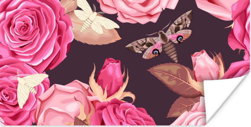MuchoWow Poster Rosen - Schmetterlinge - Rosa 160x80 cm - Foto Poster