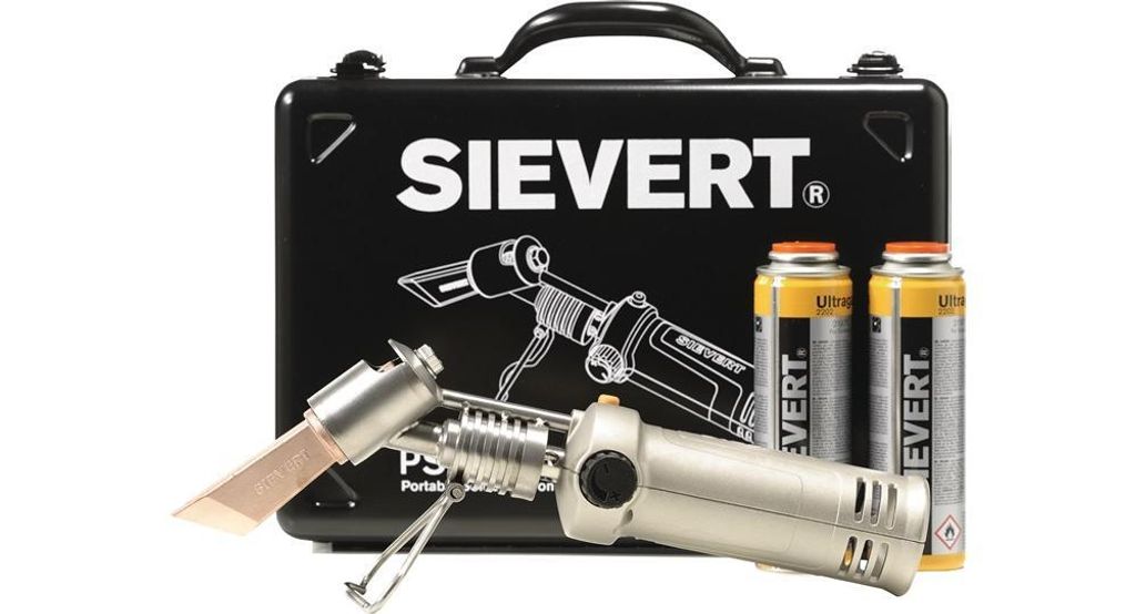 A Sievert soldering iron set with two gas cartridges and a black carrying case, presented on a white background.