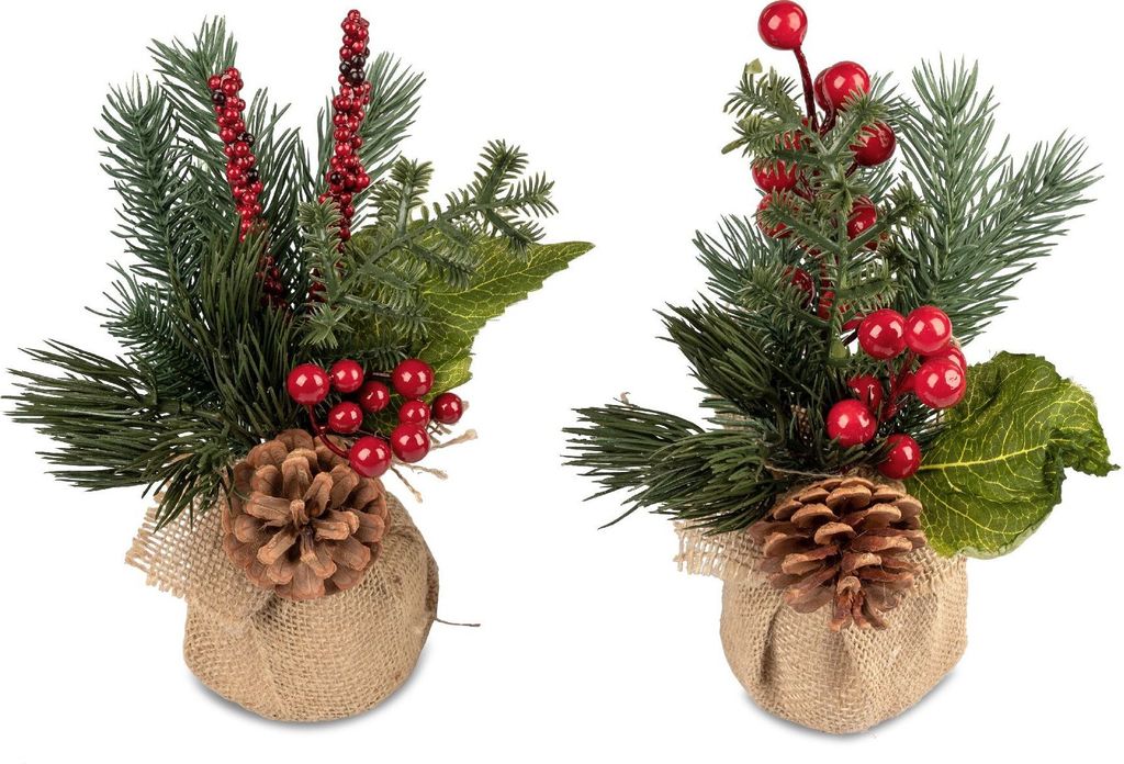 2er Set Tischdeko Arrangement H. 22cm mit Tanne im Jutesack Formano W25