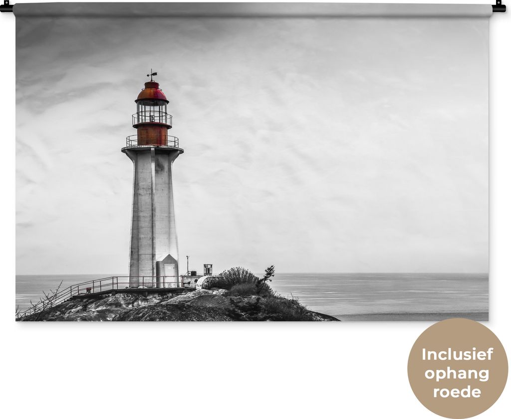 MuchoWow Wandteppich Wandbehang Schwarz-Weiß-Foto eines Leuchtturms im Westen von Vancouver 120x80 cm Tapisserie Dekoration Wandtuch - Wanddekor...