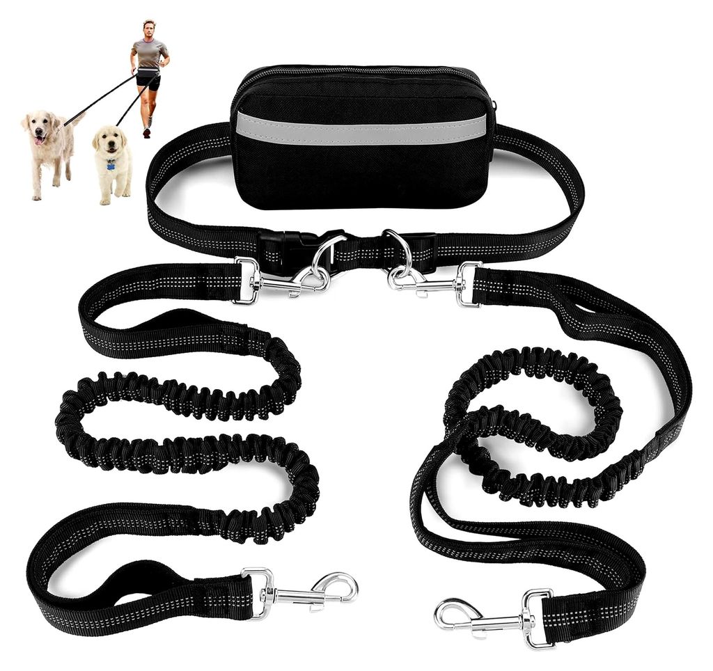 Doppelleine für zwei Hunde, Joggingleine mit Bauchgurt, Freihandleine für mittelgroße und große Hunde, mit reflektierender, elastischer Lauflei...