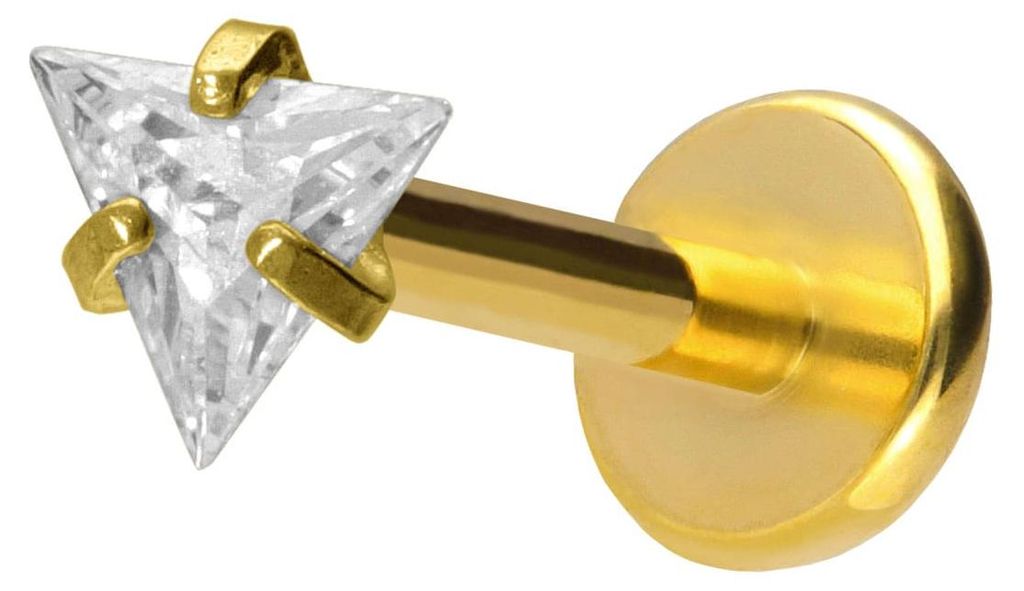 Ohrpiercing, Nasenpiercing Titan Labret mit Push Fit EINGEFASSTES KRISTALLDREIECK Gold Stablänge: 10mm | Stabstärke: 1mm