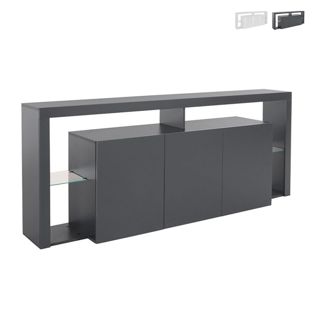 Sideboard 3 Türen 200x40x80cm modernes Bücherregal mit Glasböden Pibrac - Anthrazit