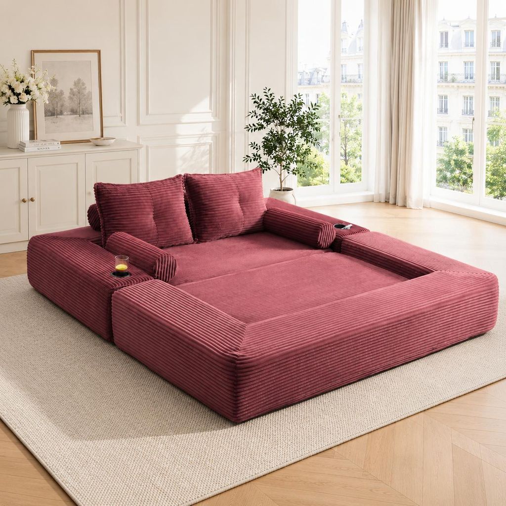 Cord-Klappsofa 2-Sitzer Sofa mit Federkern Schaumstoff Schlafsofa klein Couch mit Getr?nkehalter Seitentaschen Memory-Kissen Wohnzimmersofa Grau