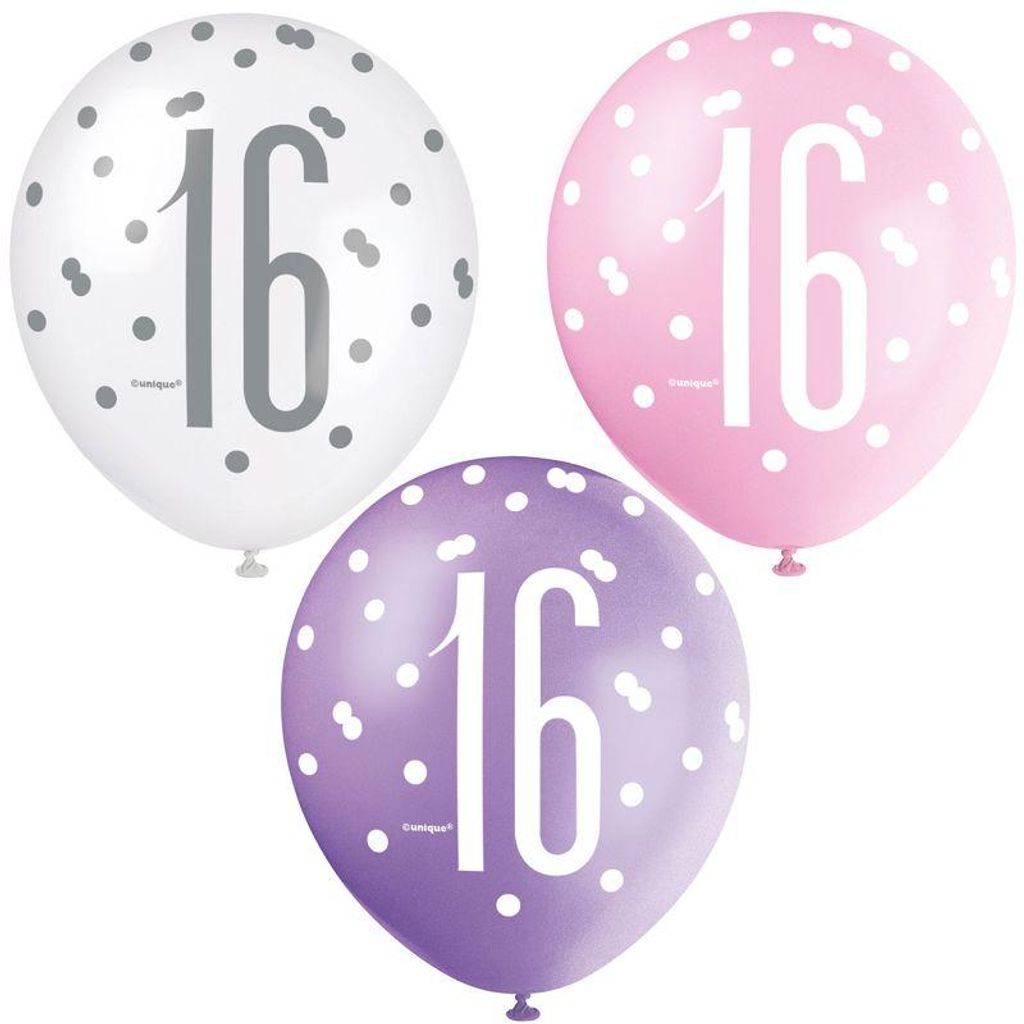 6 Luftballons rosa & silber Zahl 16 Produktbild 
