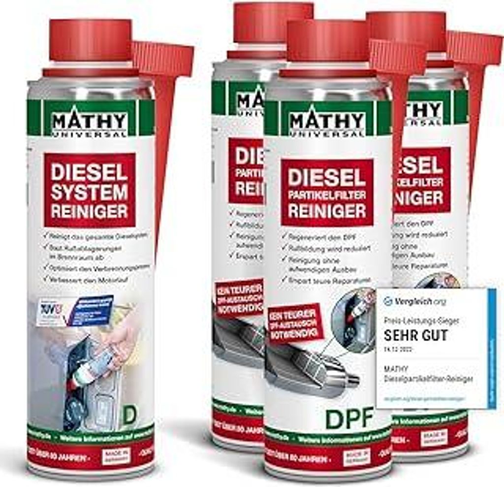 MATHY DPF-Kur - DPF Reiniger Diesel - Set Diesel Systemreiniger für Intensive DPF Partikelfilter Reinigung - Diesel Additiv, 4 Dosen