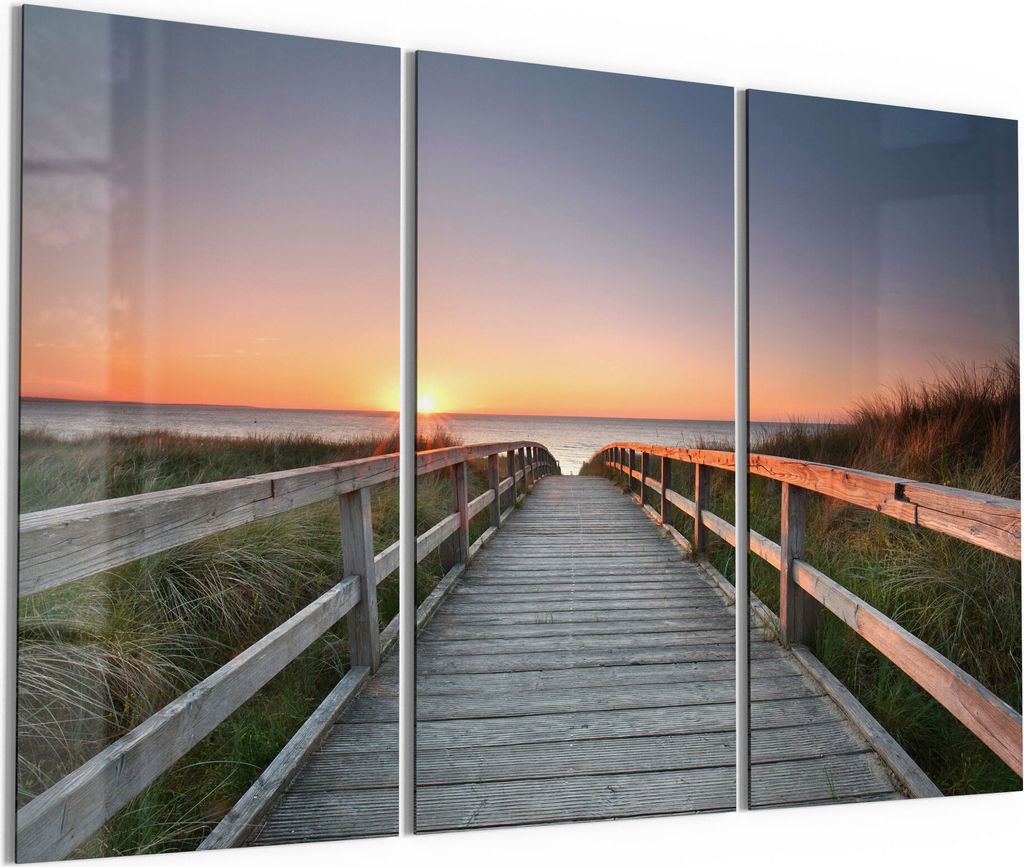 DEQORI Glasbilder Acryl 3x50x100 cm 'Strandpfad in Abendsonne' Wandbilder XXL groß