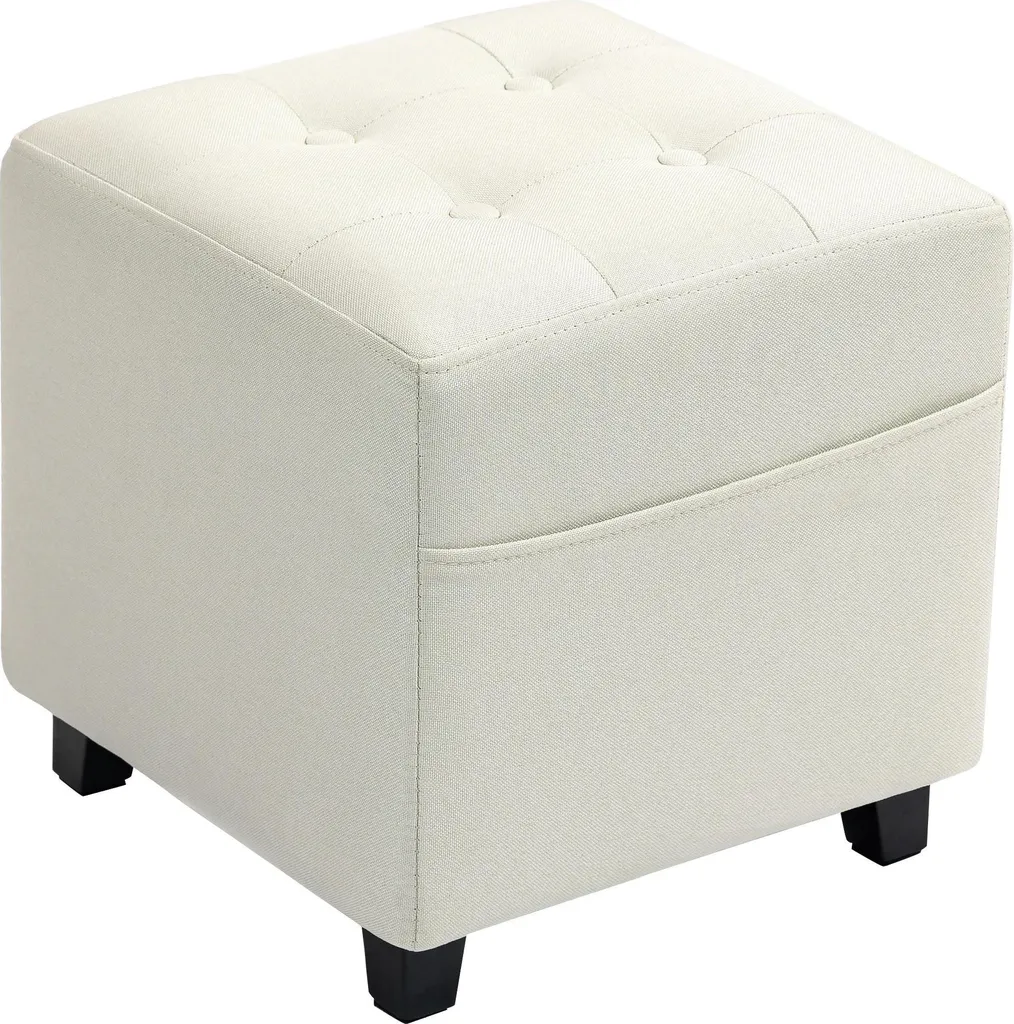 Tabouret en Lin Blanc Crème à Montage Rapide et Poche de Rangement Latérale