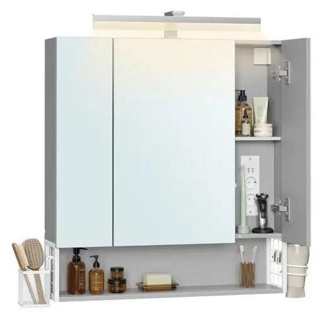 Badezimmer-Spiegelschrank - Wandmontage - Mit Steckdosen - Föhnhalter - Stauraum - MDF - Hellgrau