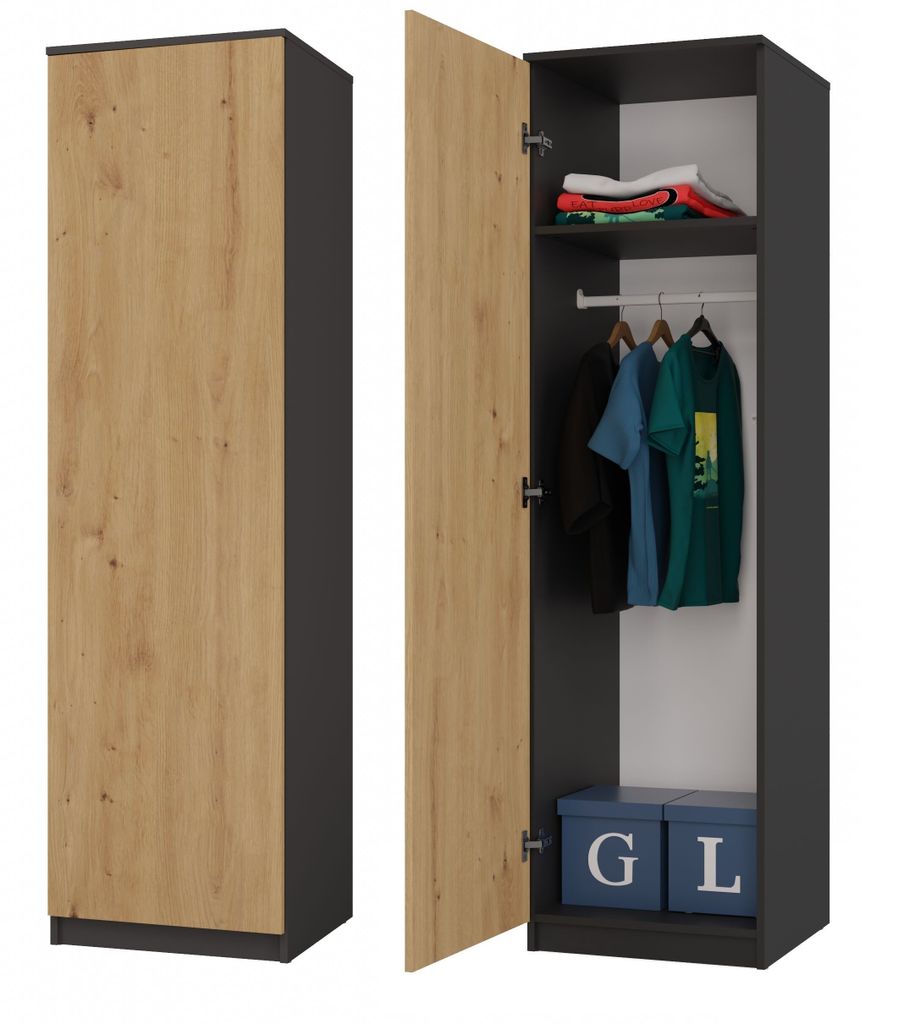 A wardrobe with one door open, showing shelves and hanging clothes, and two blue storage boxes at the bottom.