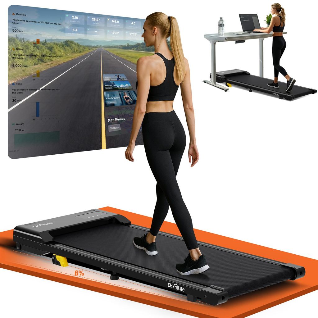 DH FitLife Walking Pad – , 1-6 km/h mit 6% Steigung, Platzsparendes Laufband für Zuhause & Büro, APP-Steuerung, Leise Treadmill